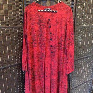 Ladies Medium - Long Red Floral/Bird Top w/ Side Splits and Tails